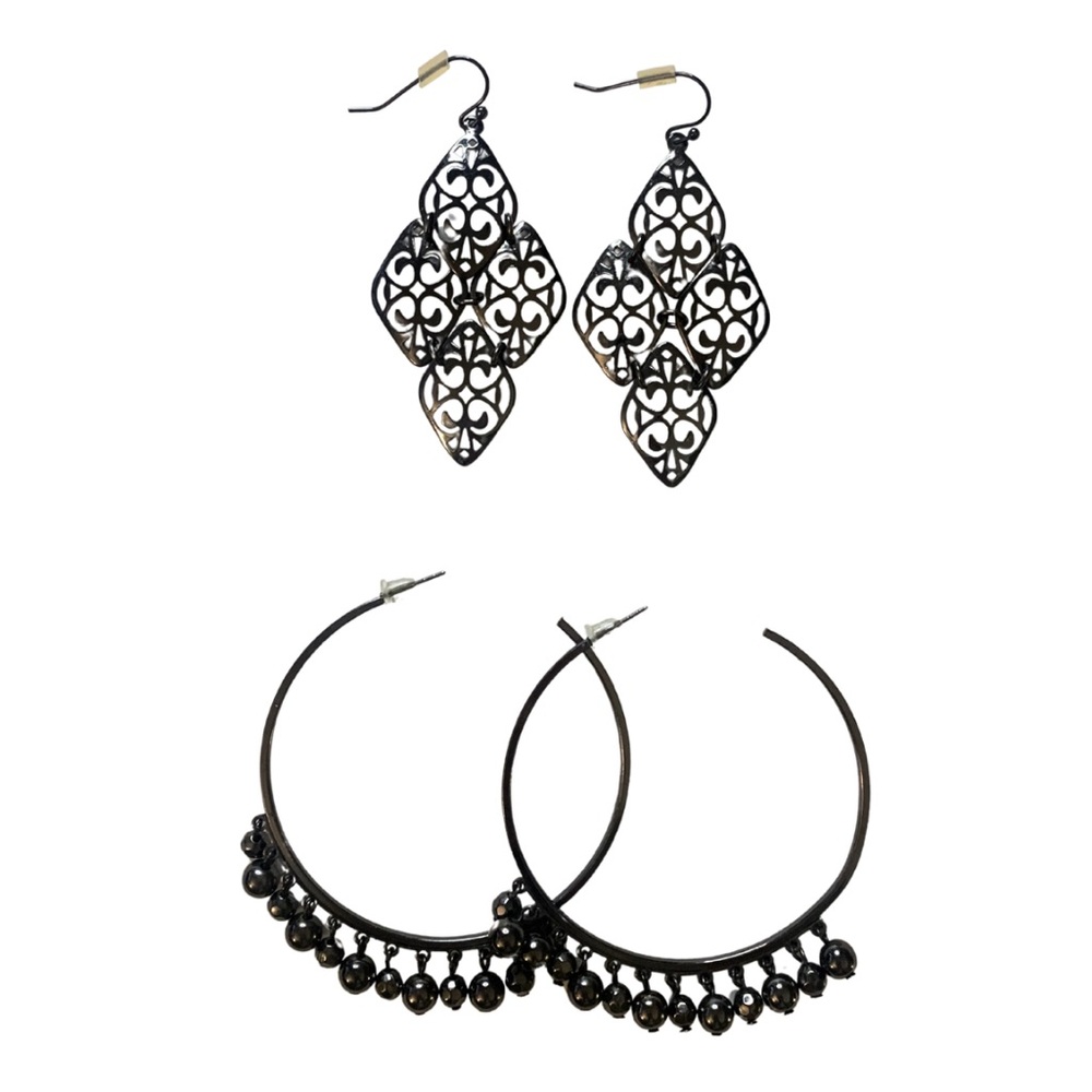 2/$30 Guess Silver Tone Set 2 Drop Earrings Large Hoops Gray Y2K Dangling Dainty
